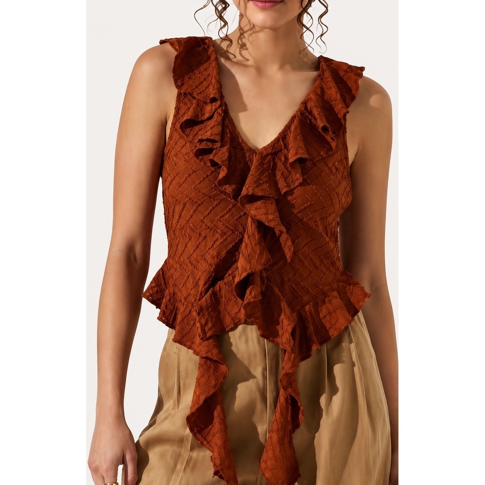 NWT ASTR The Label Rust Textured Ruffle Tie Front Peplum Blouse XL